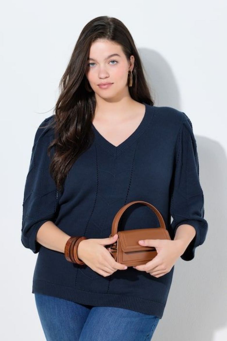 Moda za polnejše Pulover 3/4 rukava V ovratnika plus velikost, xxl, Ulla Popken in Johann Popken (JP1880)