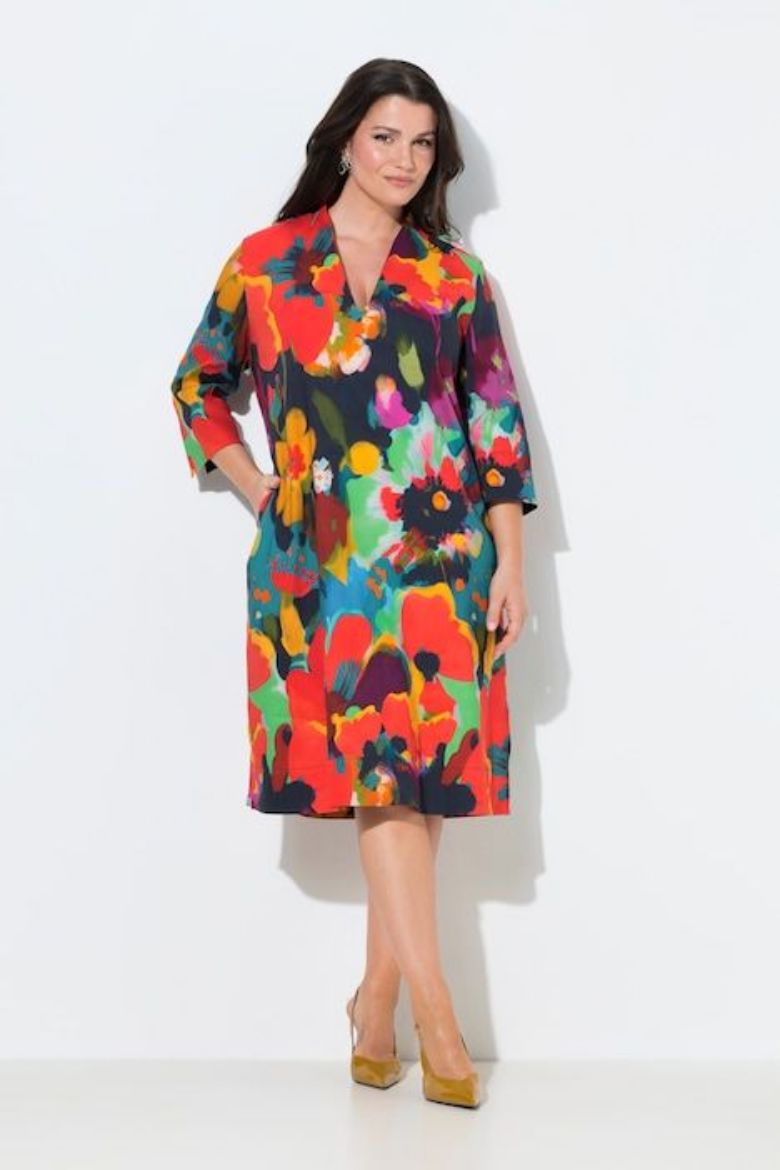 Moda za polnejše Haljina midi 3/4 rukava A kroja lanena plus velikost, xxl, Ulla Popken in Johann Popken (JP1880)