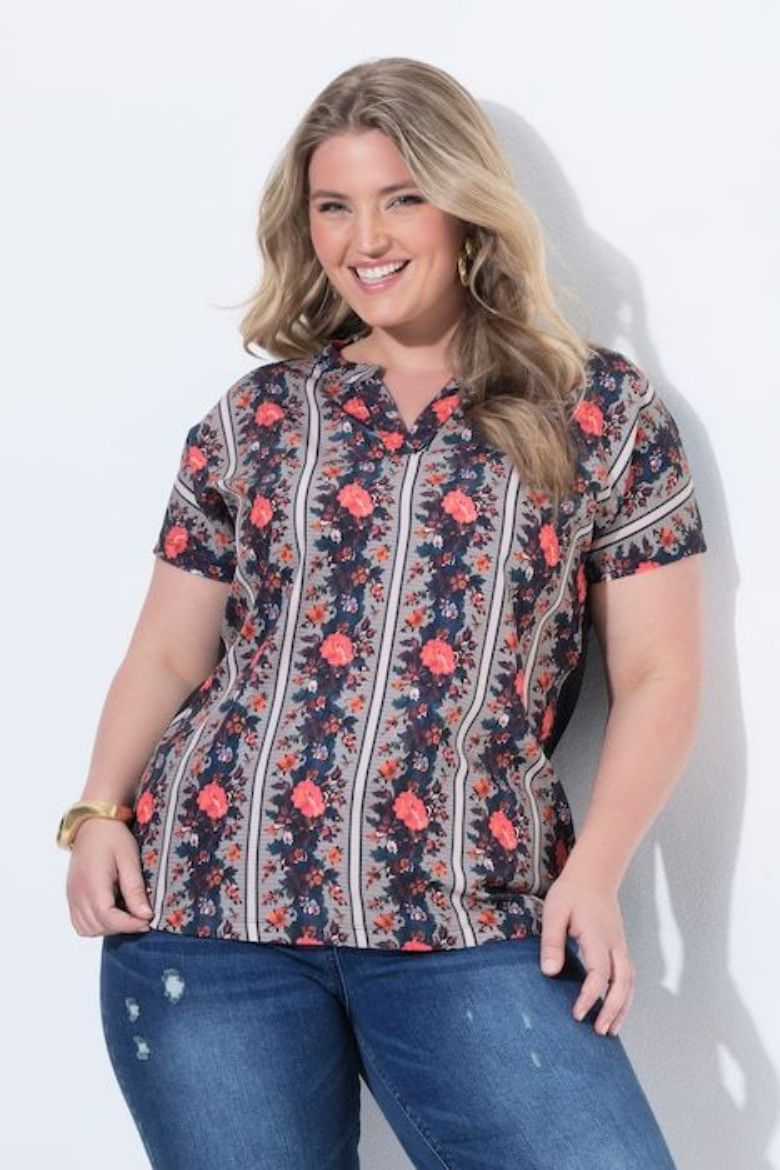 Moda za polnejše Bluza kratkih rukava s prorezom na izrezu i uzorkom plus velikost, xxl, Ulla Popken in Johann Popken (JP1880)