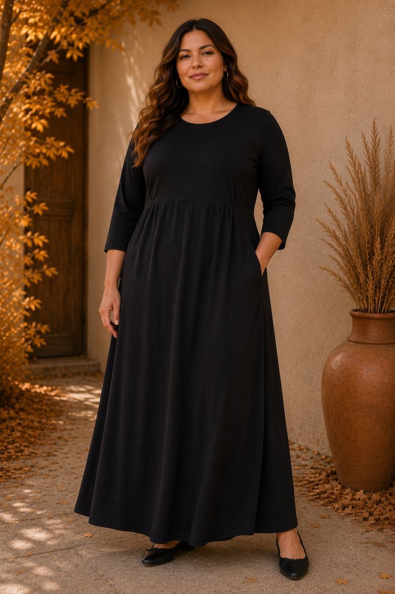 Moda za polnejše Haljina maxi 3/4 rukava A kroja okruglog izreza plus velikost, xxl, Ulla Popken in Johann Popken (JP1880)