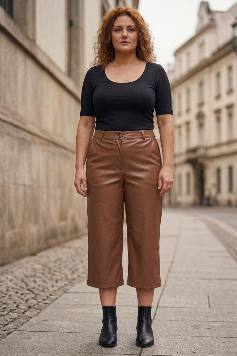 Moda za polnejše Hlače 3/4 širokih nogavica imitacije kože djelomično elastičnog struka plus velikost, xxl, Ulla Popken in Johann Popken (JP1880)
